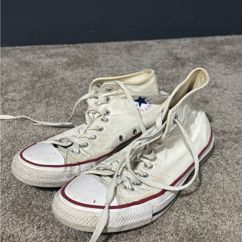 Converse White High Top Sneakers with Red and Blue Accents